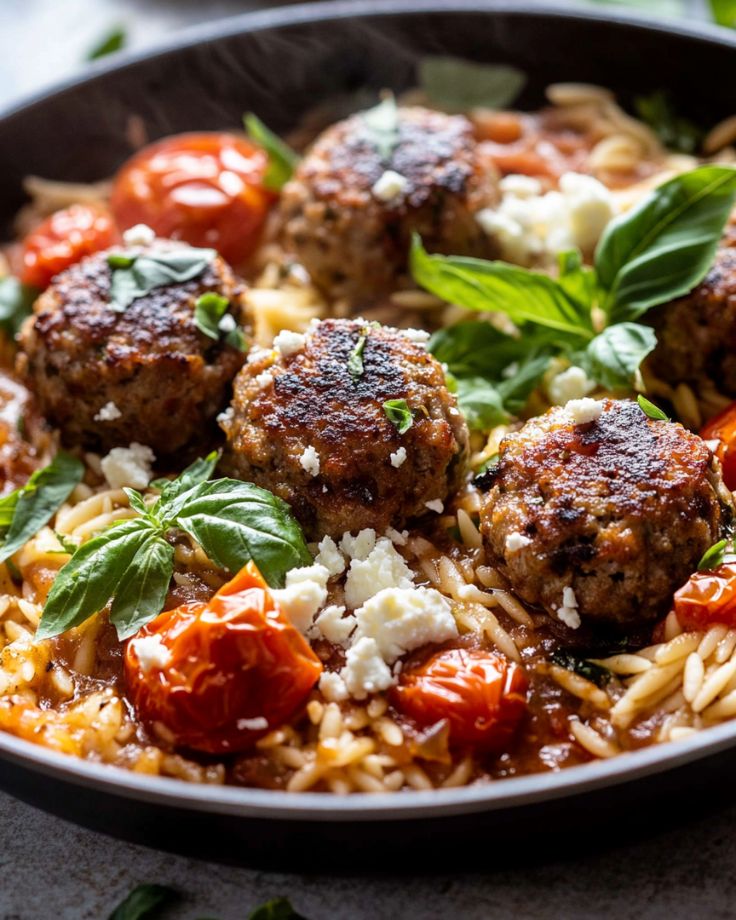Greek Meatballs and Orzo Skillet